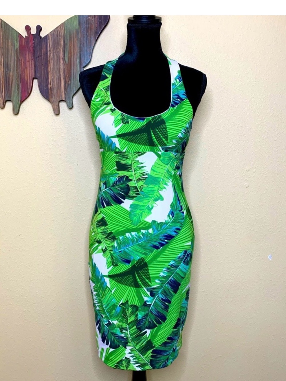 Y2K cache Green Tropical Print Bodycon Dress